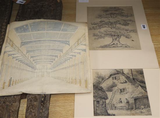 After Morland, pencil sketch of a cottage, After Constable, pencil sketch of an oak tree and a pencil and watercolour of an exchange bu